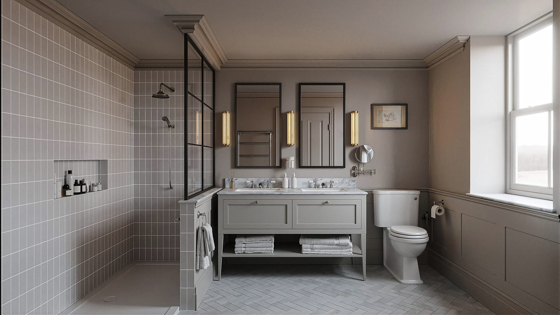Bathroom interior design with walk-in shower and marble vanity