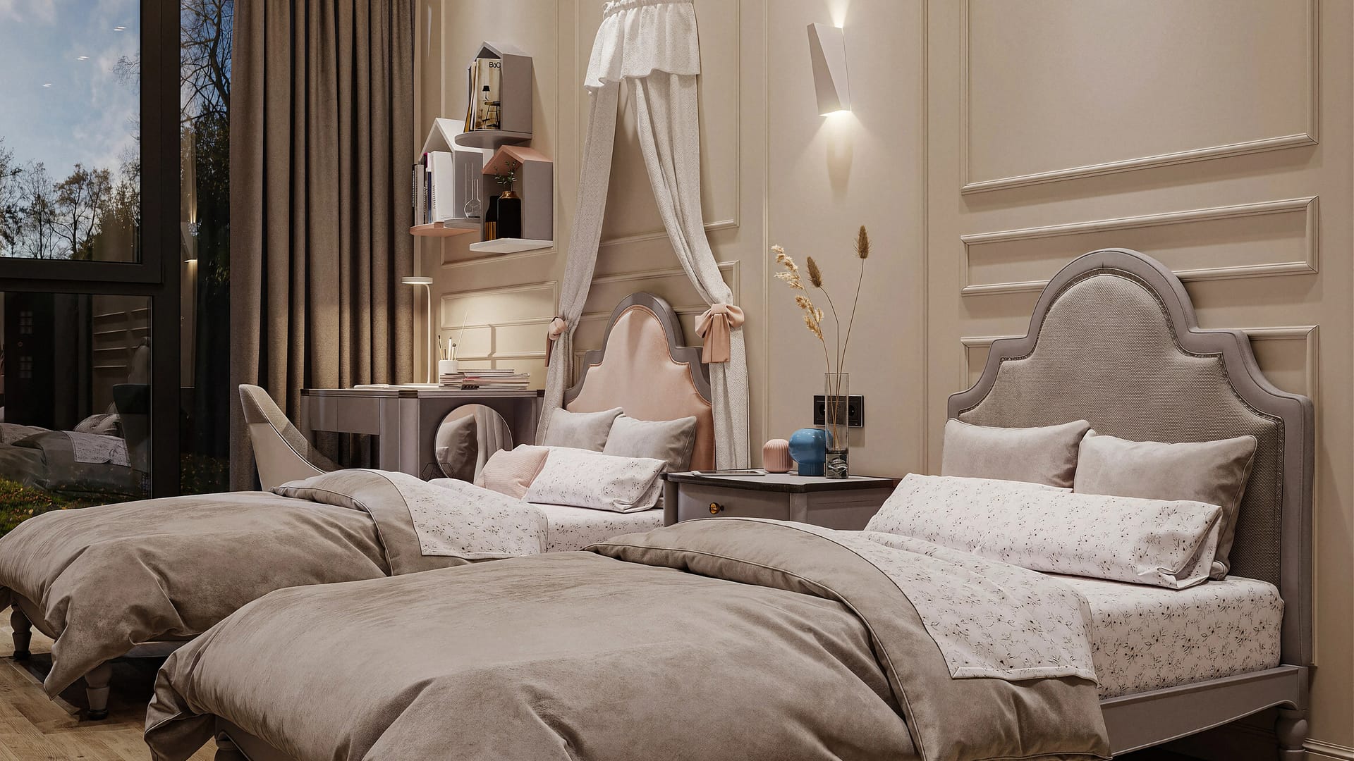 Children's bedroom interior design with fitted furniture and wall panelling