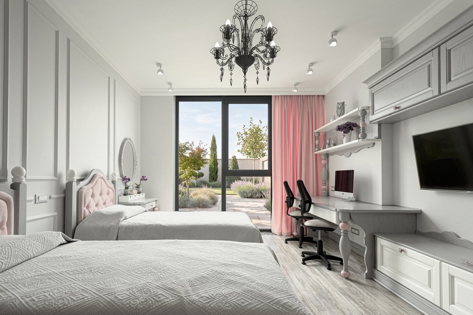 Classic bedroom interior design with fitted furniture and wall mouldings