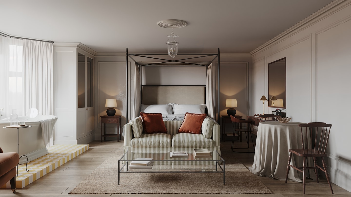 Hotel suite interior design with freestanding bath
