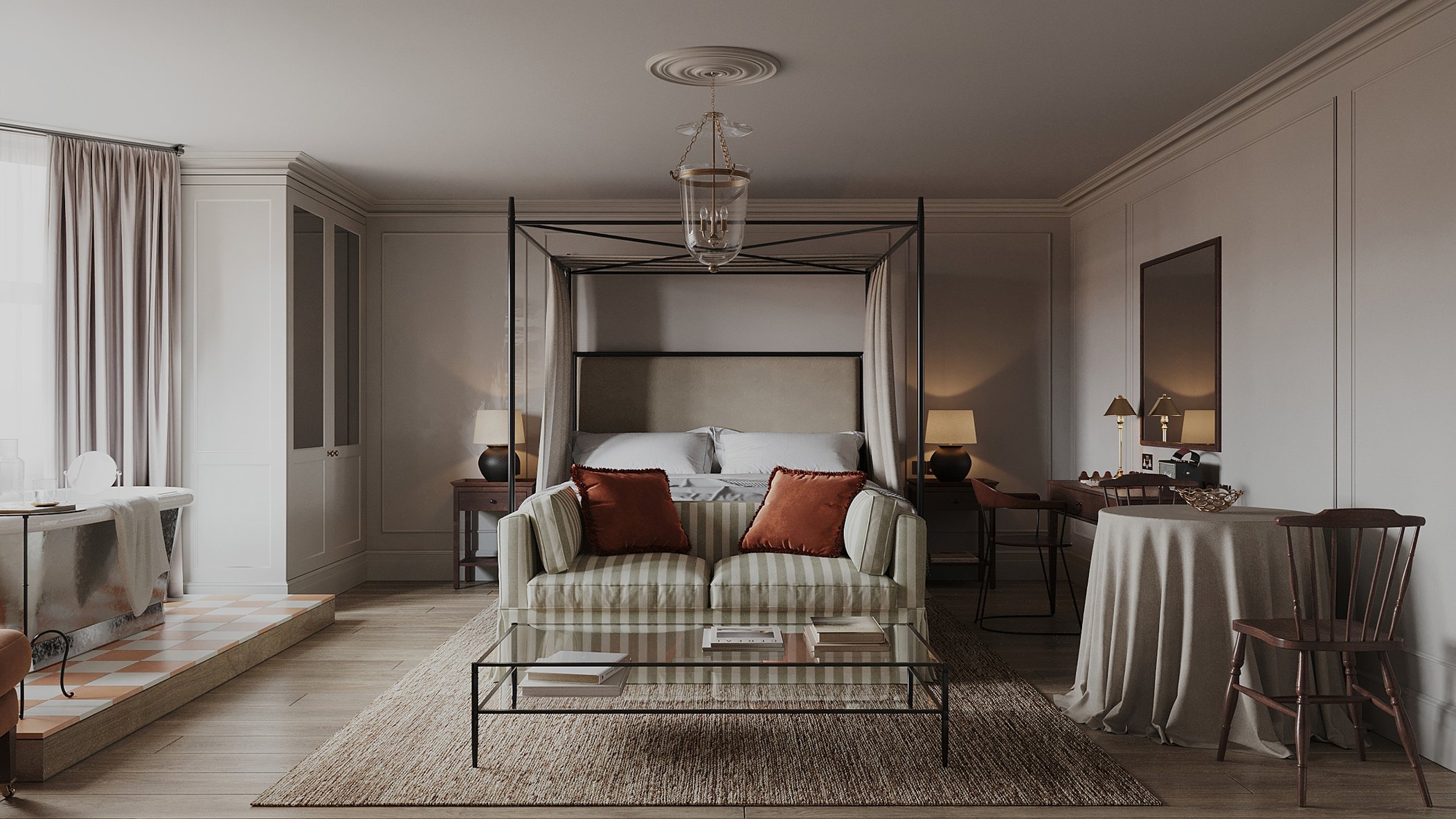 Hotel suite interior design with four-poster bed and freestanding bath
