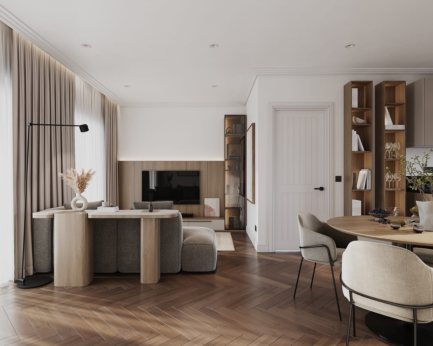 Interior design by WHAT Interiors — living-dining room with a TV zone, wall panelling and herringbone parquet