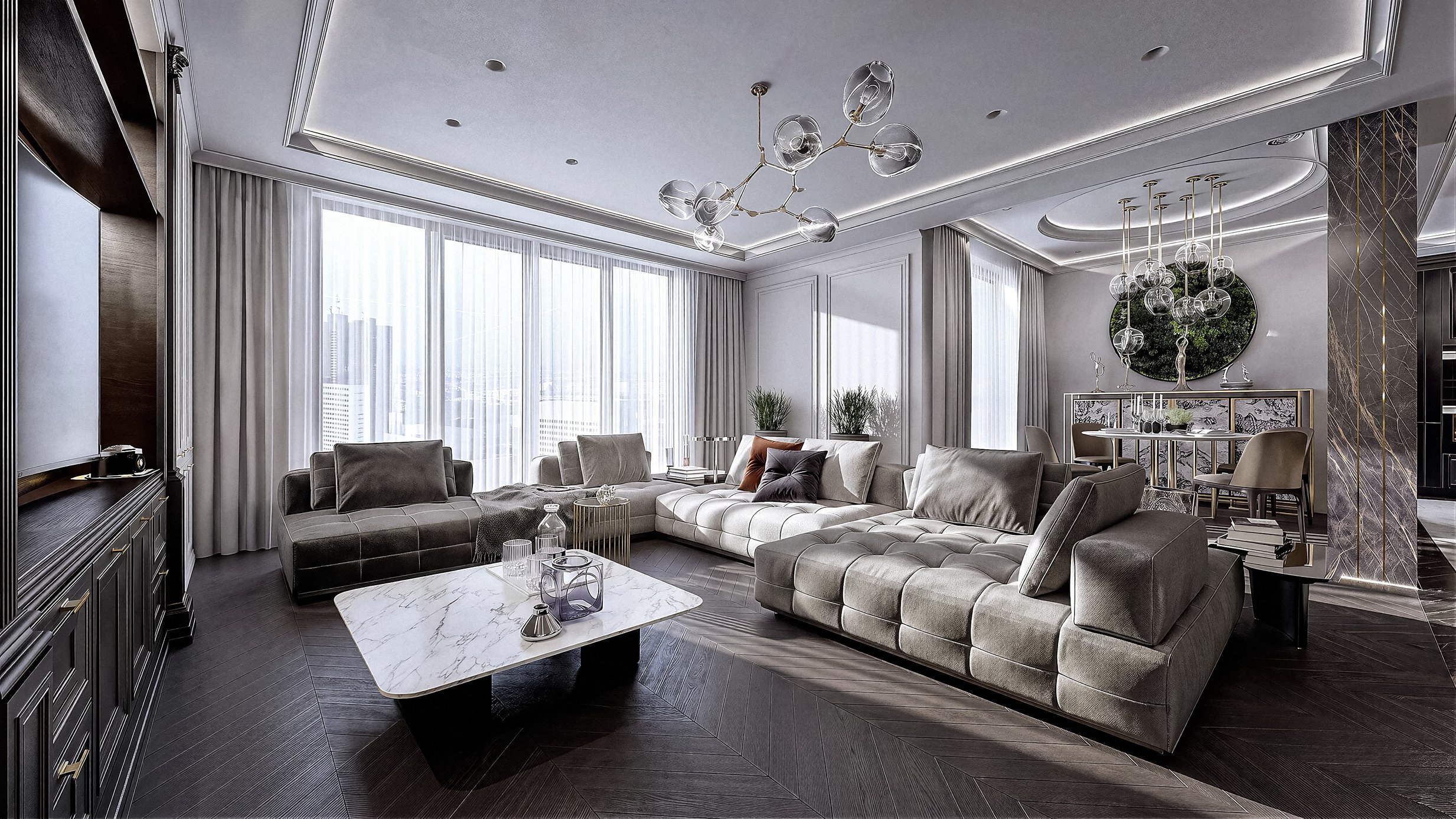 Living room interior design in an apartment with marble and herringbone floor
