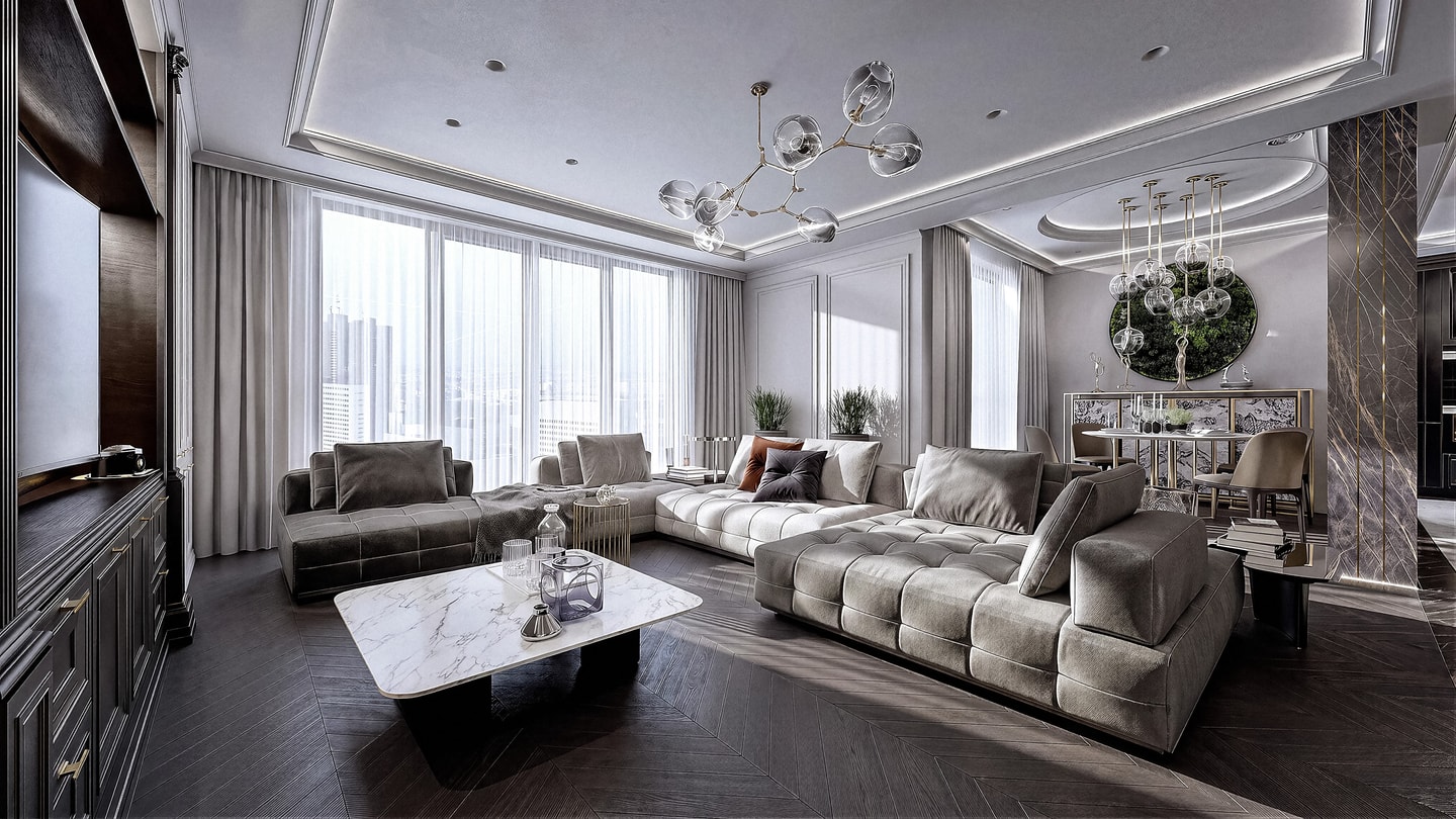 Living room interior design with marble and herringbone floor