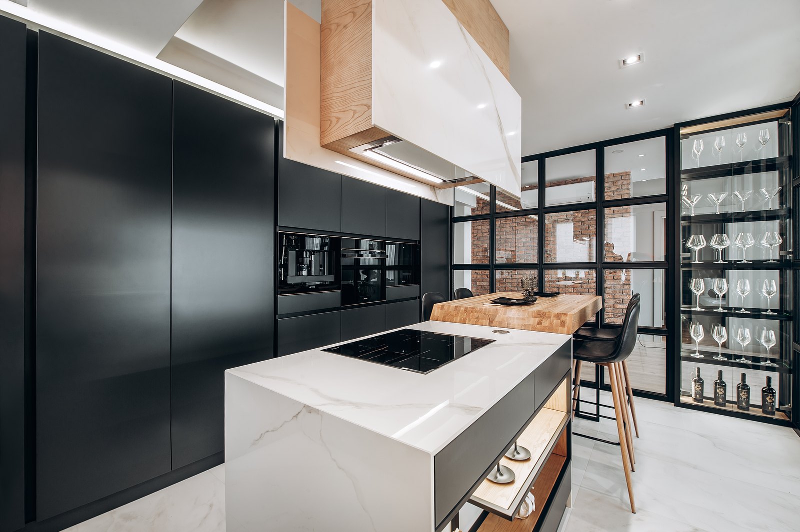 Minimalist kitchen interior design with marble island