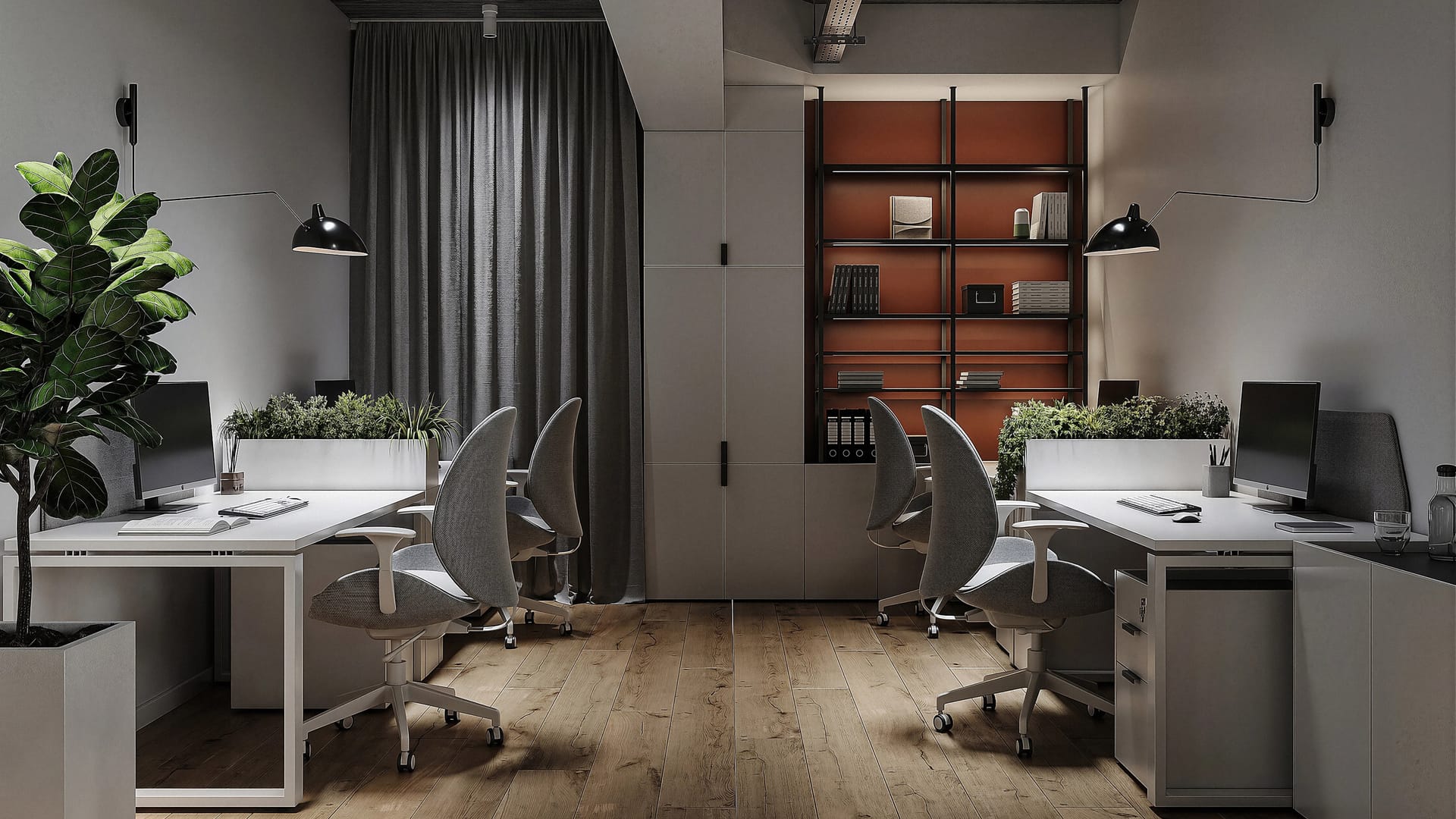 Office interior design with workstations, oak floor and open shelving
