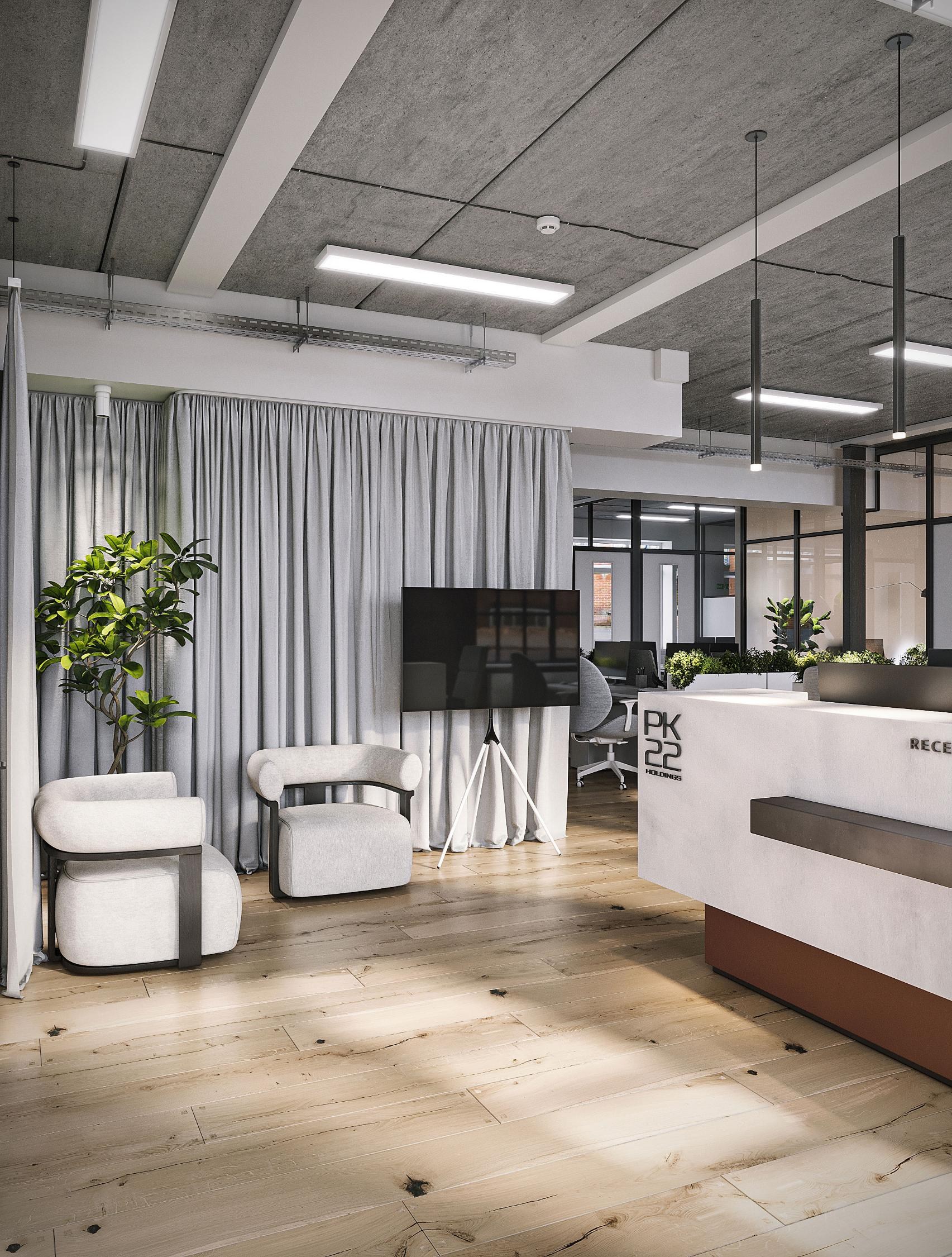 Reception area with concrete desk, boucle armchairs and curtain divider