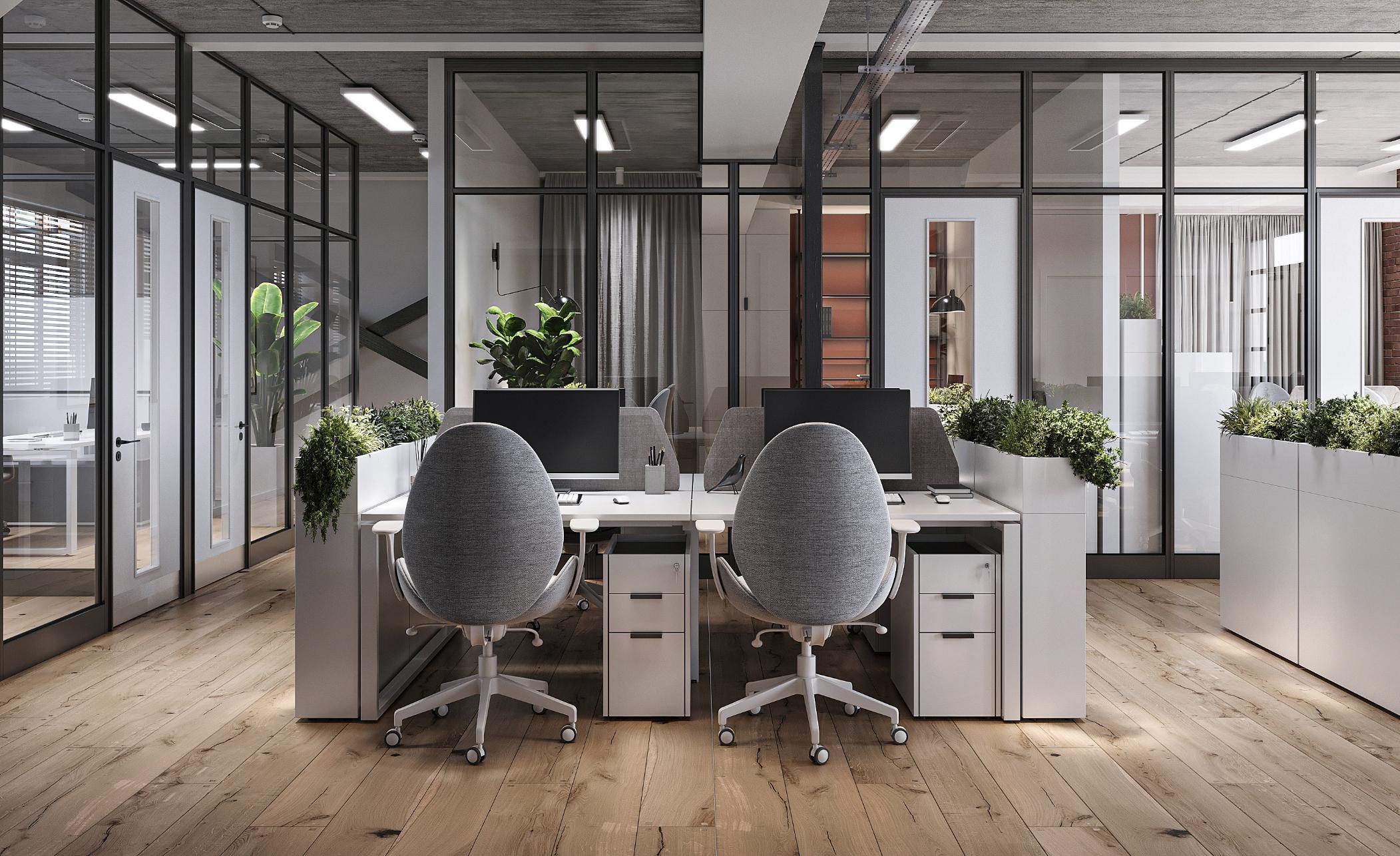 Office interior design – open-plan workspace at 166 Tower Bridge with glass partitions, oak floors and greenery