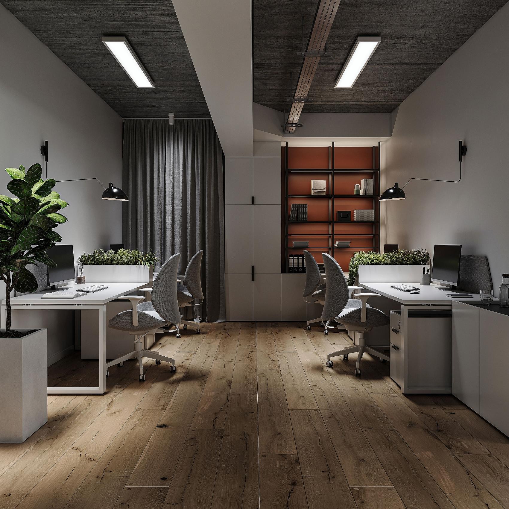 Commercial fit-out – workstation zone with terracotta steel shelving and warm oak floor under an industrial concrete ceiling