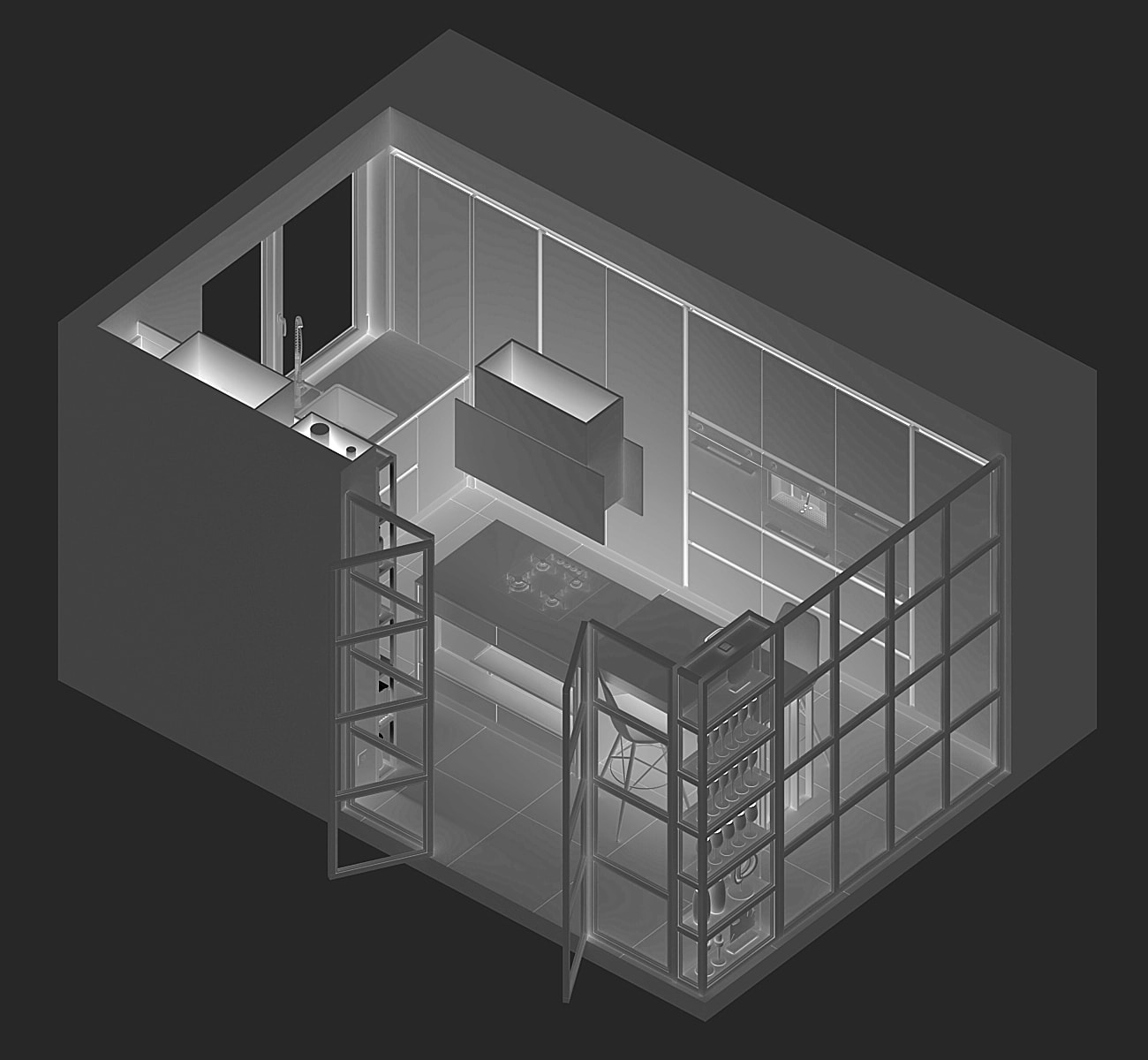 3D concept model of the F_OC kitchen: spatial study of the layout and island
