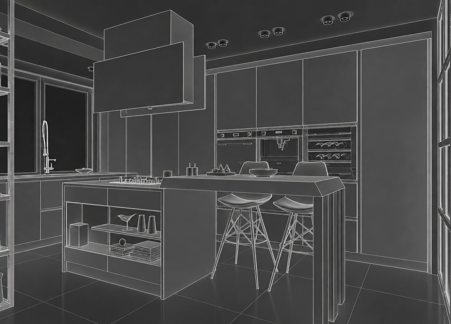 3D visualisation of the F_OC kitchen: a grey wireframe render from the same angle