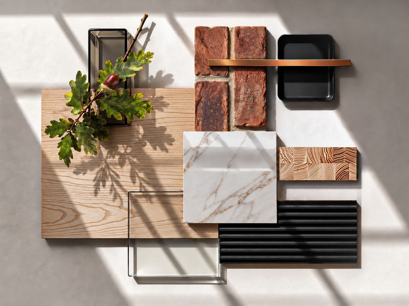 Materials and palette moodboard for the F_OC kitchen: natural oak, brick, glass and brass tones