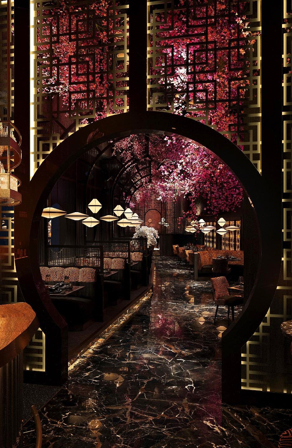 Noshi – view through the moon gate arch, cherry blossoms, lantern lights, Portoro marble floor