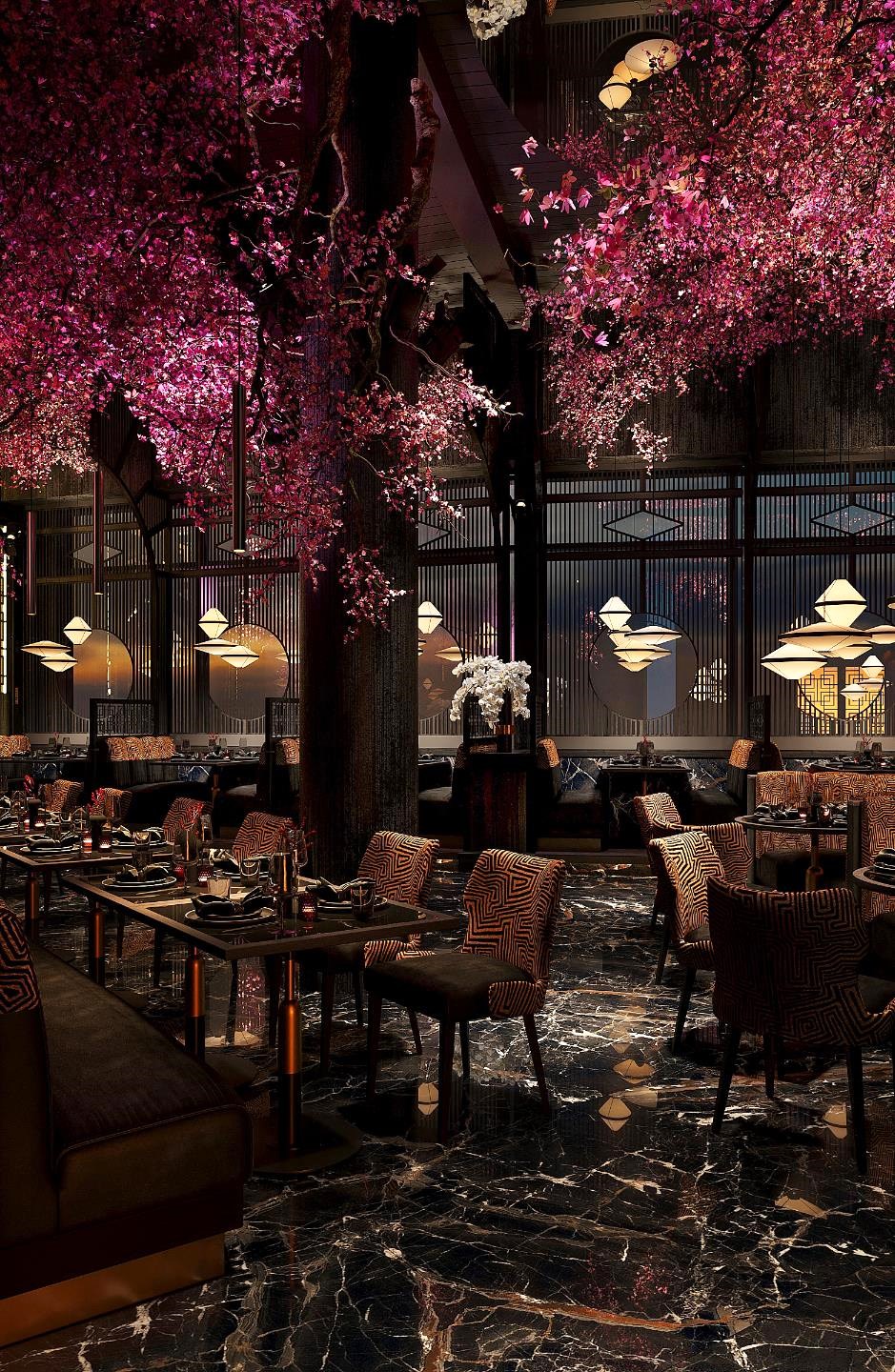 Noshi dining room – full-height cherry blossom installation, geometric-pattern upholstered chairs