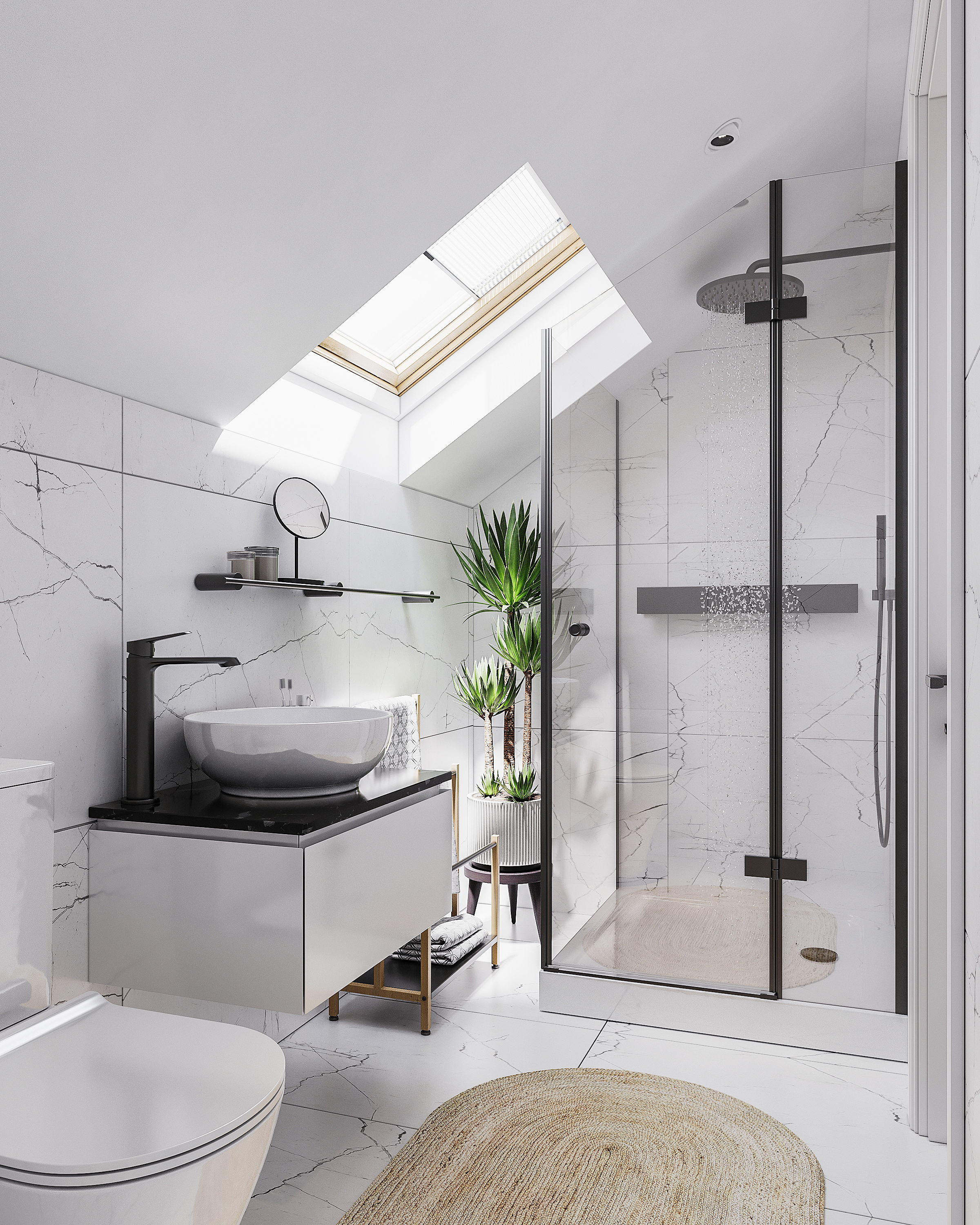 Luxury bathroom with skylight and marble tiles